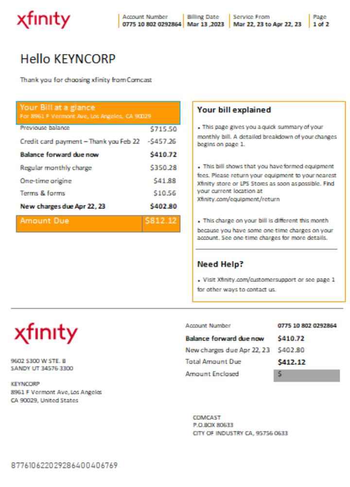 San Francisco Xfinity Comcast utility business bill SCR page 1 PSD template